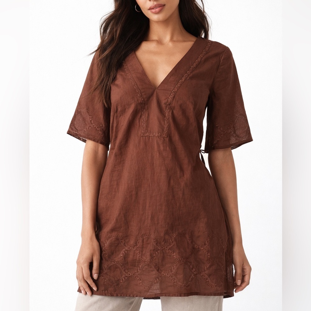 Arden B Sheer Brown Embroidered Tunic Top XS Boho Peasant(1206)